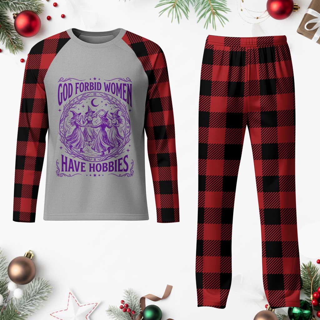 Funny Witches Dancing Coven Graphic Plaid Pajama Set God Forbid Women Have Hobbies Sarcastic Feminism
