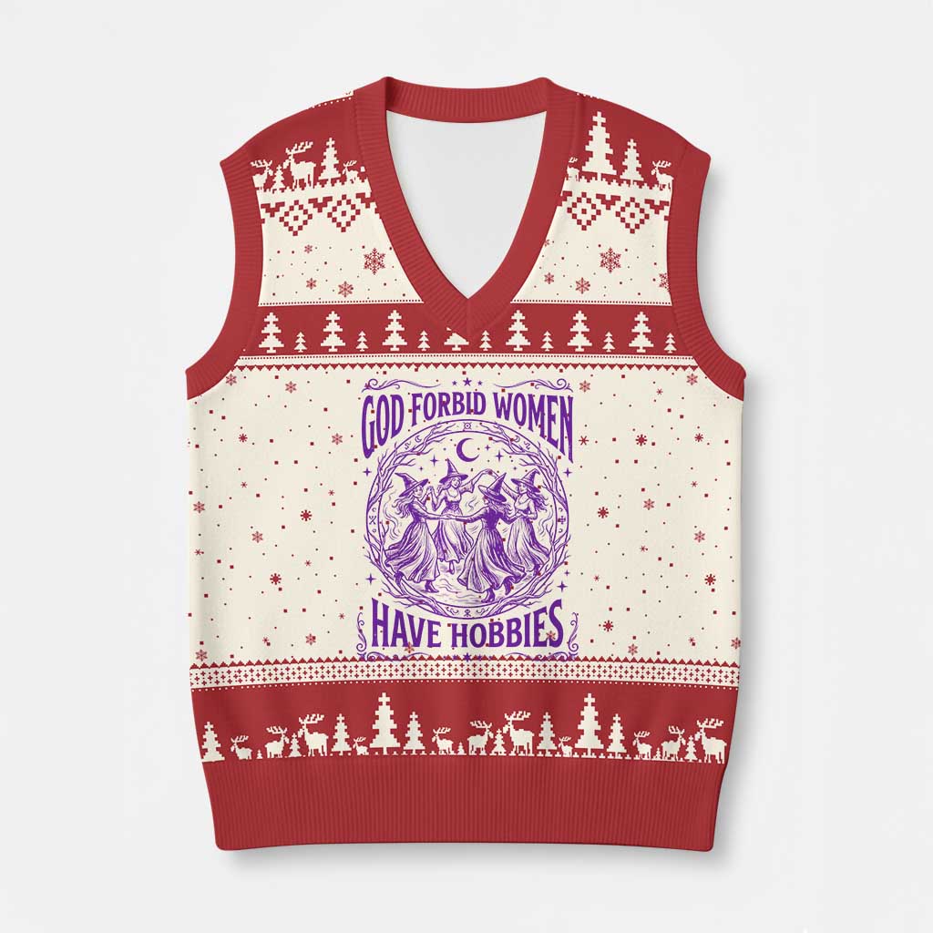 Funny Witches Dancing Coven Graphic V-Neck Knit Sweater Vest God Forbid Women Have Hobbies Sarcastic Feminism
