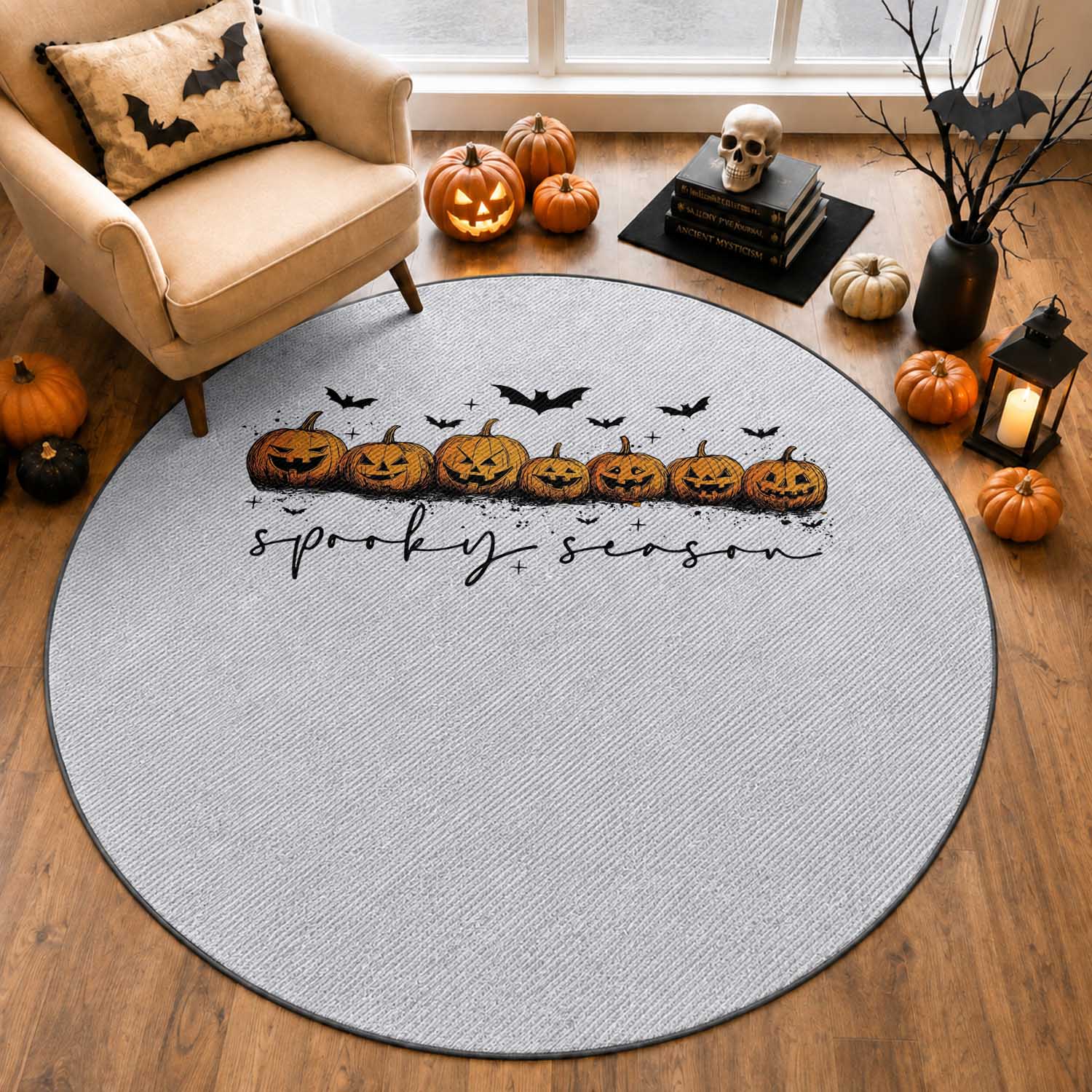 Spooky Season Jack O Lantern Pumpkins Vintage Halloween Round Rug