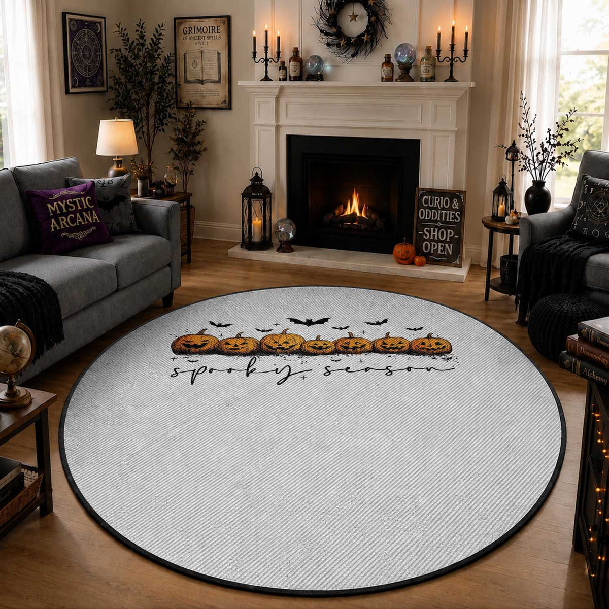 Spooky Season Jack O Lantern Pumpkins Vintage Halloween Round Rug
