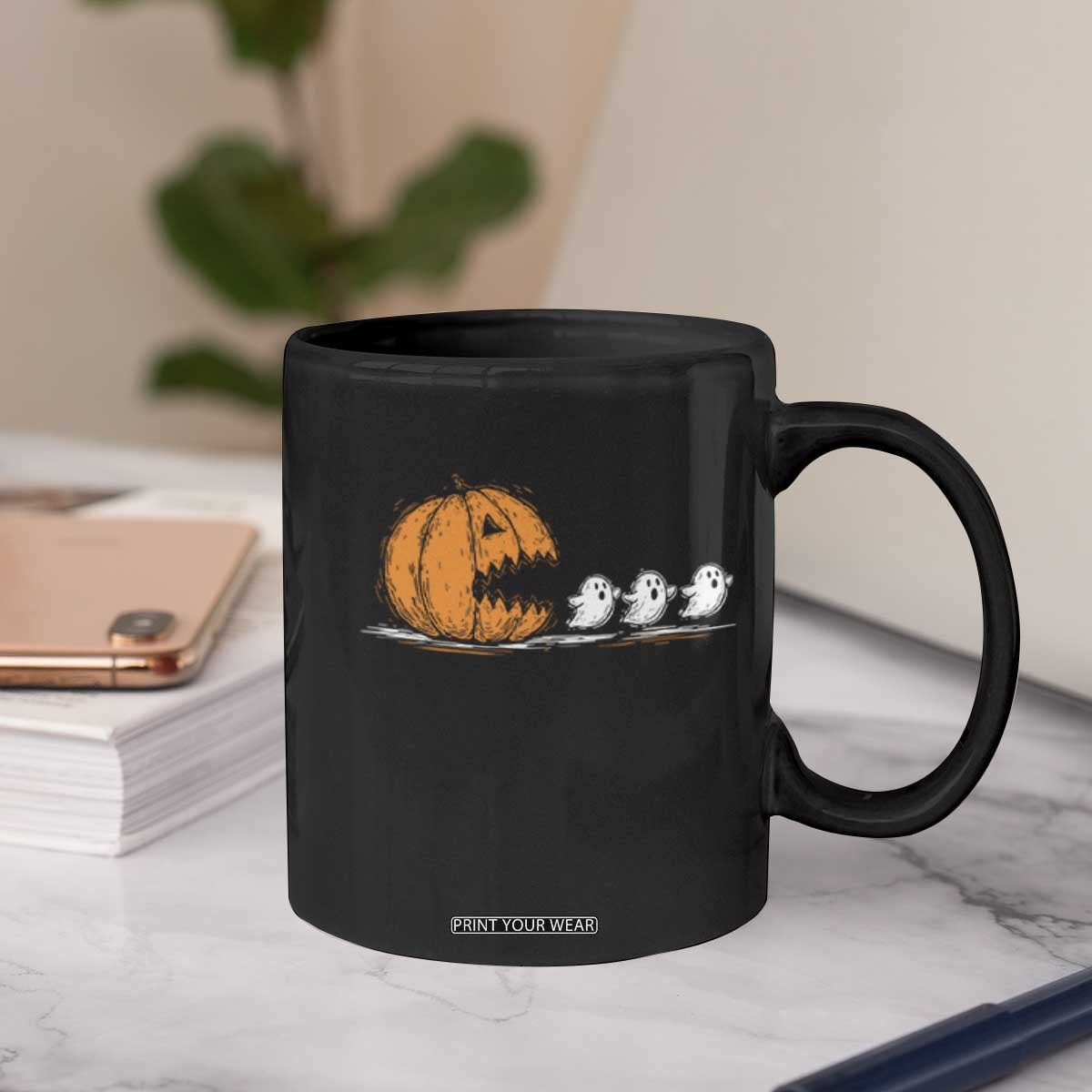 Funny Giant Pumpkin Eating Cute Ghosts Sheets Coffee Mug Retro Spooky Halloween