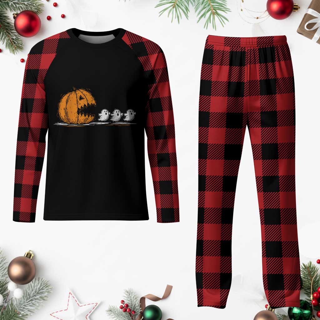 Funny Giant Pumpkin Eating Cute Ghosts Sheets Plaid Pajama Set Retro Spooky Halloween