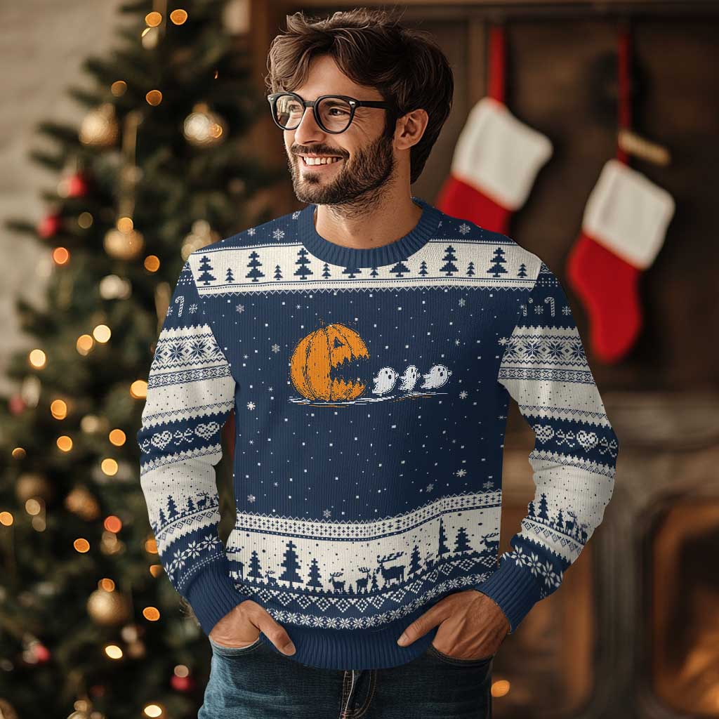 Funny Giant Pumpkin Eating Cute Ghosts Sheets Ugly Christmas Sweater Retro Spooky Halloween