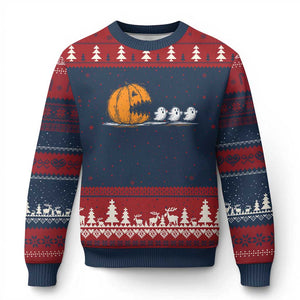 Funny Giant Pumpkin Eating Cute Ghosts Sheets Ugly Christmas Sweater Retro Spooky Halloween