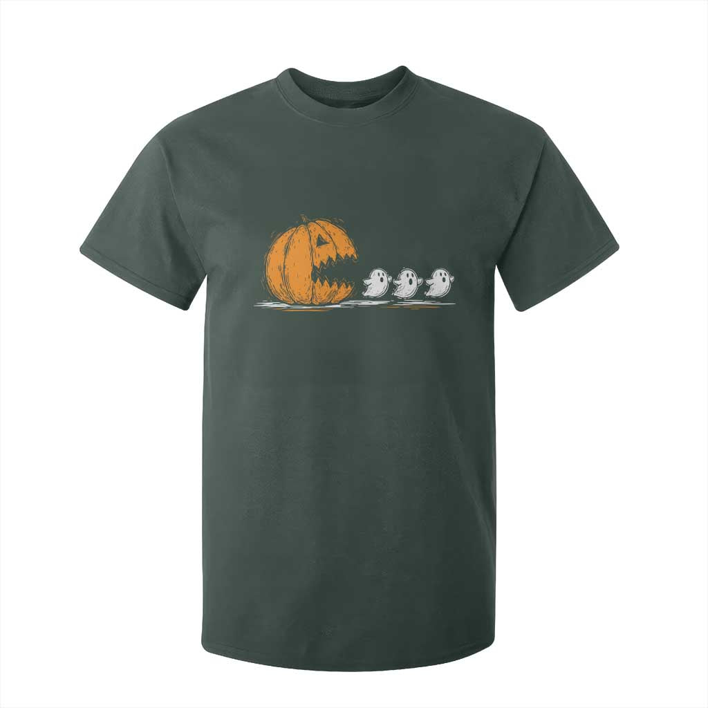 Funny Giant Pumpkin Eating Cute Ghosts Sheets T Shirt For Kid Retro Spooky Halloween