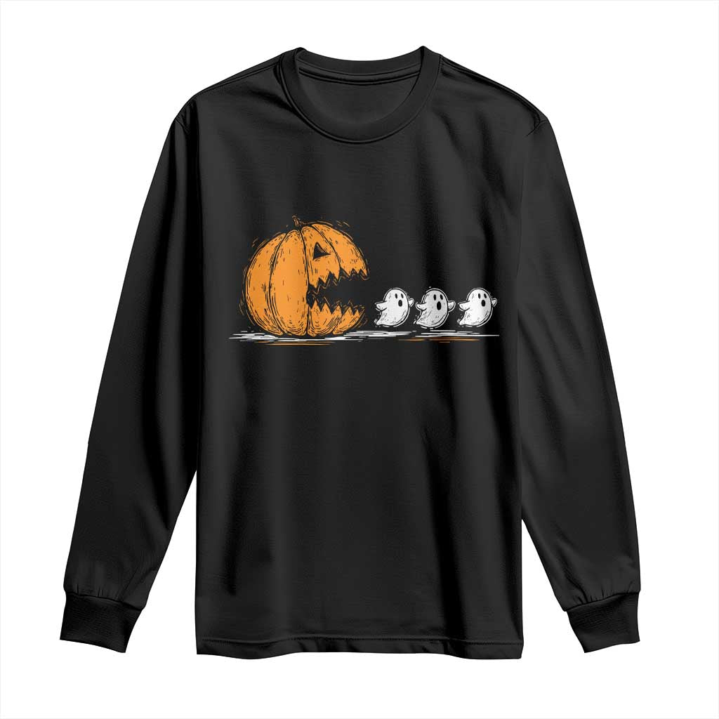 Funny Giant Pumpkin Eating Cute Ghosts Sheets Long Sleeve Shirt Retro Spooky Halloween