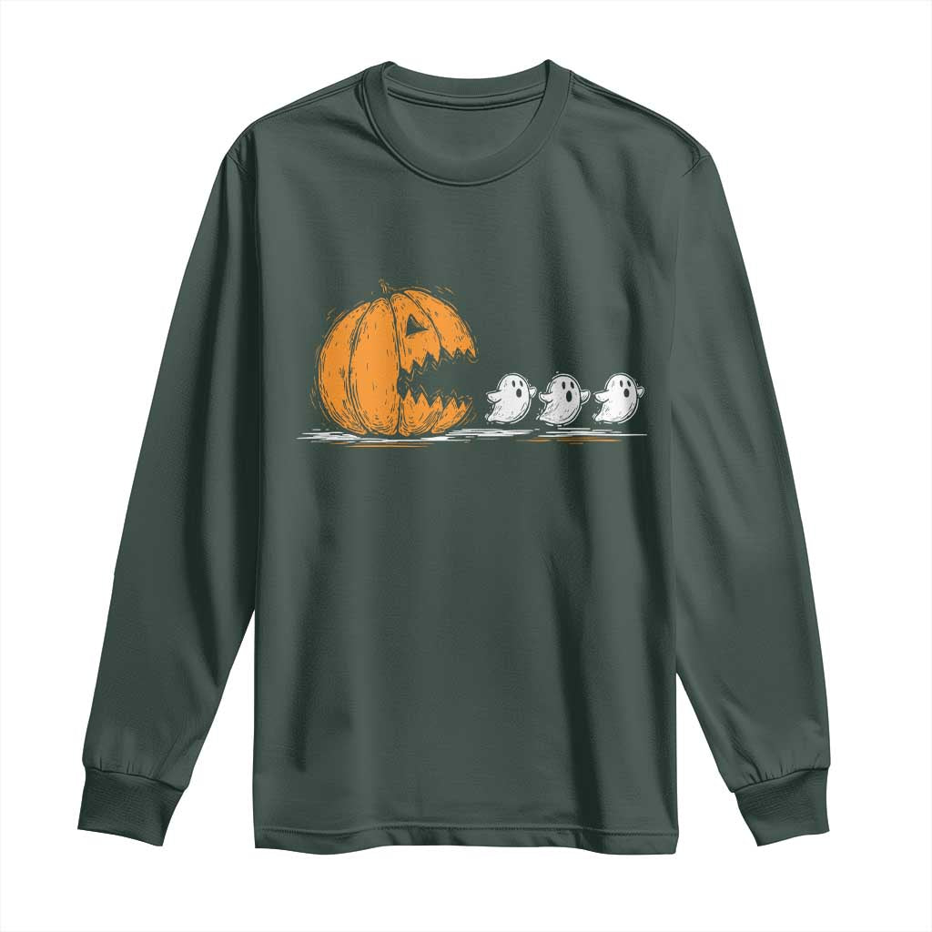 Funny Giant Pumpkin Eating Cute Ghosts Sheets Long Sleeve Shirt Retro Spooky Halloween