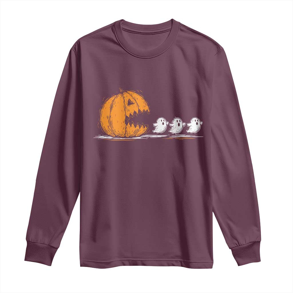 Funny Giant Pumpkin Eating Cute Ghosts Sheets Long Sleeve Shirt Retro Spooky Halloween