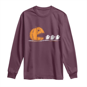 Funny Giant Pumpkin Eating Cute Ghosts Sheets Long Sleeve Shirt Retro Spooky Halloween