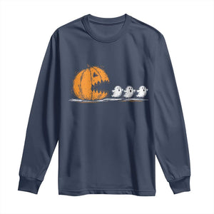 Funny Giant Pumpkin Eating Cute Ghosts Sheets Long Sleeve Shirt Retro Spooky Halloween