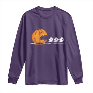 Funny Giant Pumpkin Eating Cute Ghosts Sheets Long Sleeve Shirt Retro Spooky Halloween