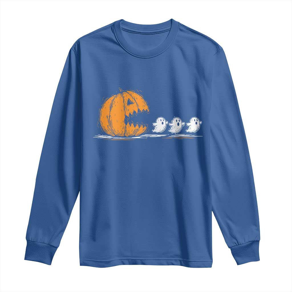 Funny Giant Pumpkin Eating Cute Ghosts Sheets Long Sleeve Shirt Retro Spooky Halloween