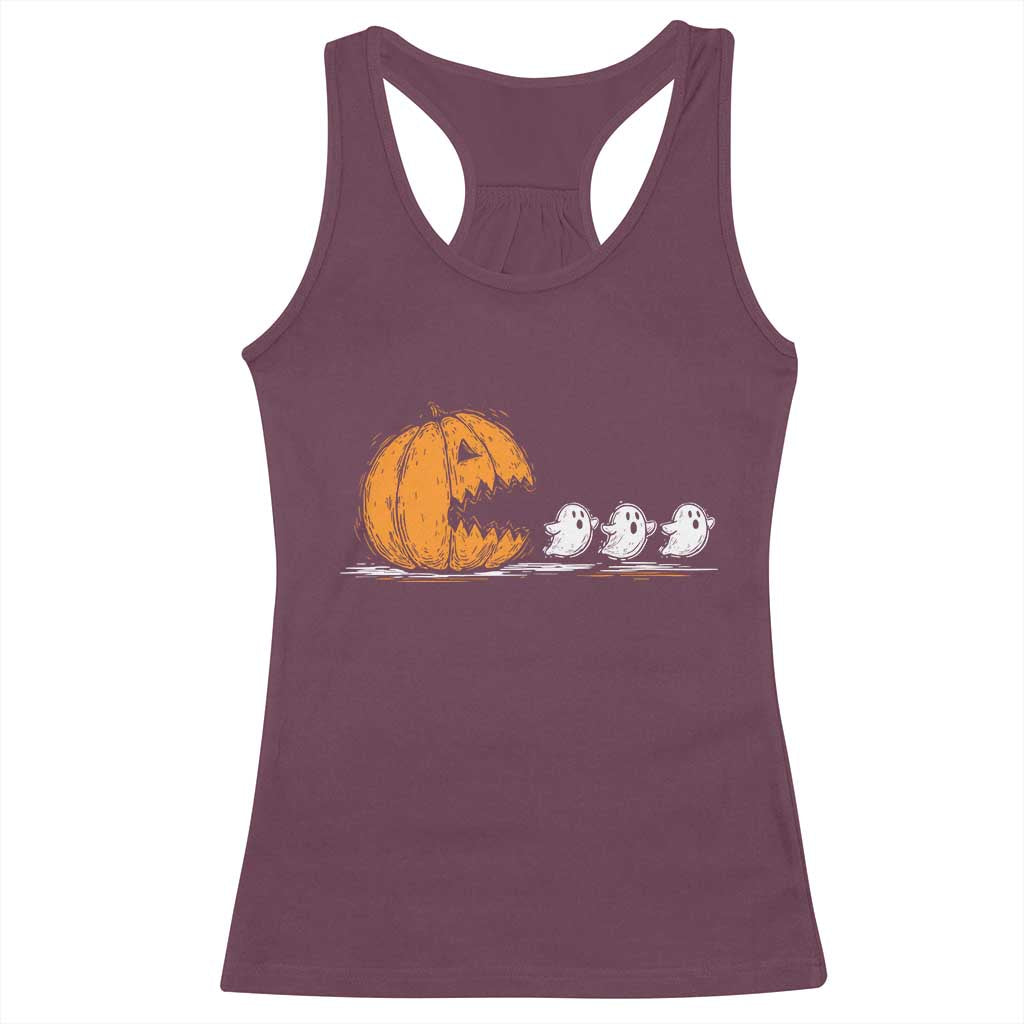 Funny Giant Pumpkin Eating Cute Ghosts Sheets Racerback Tank Top Retro Spooky Halloween