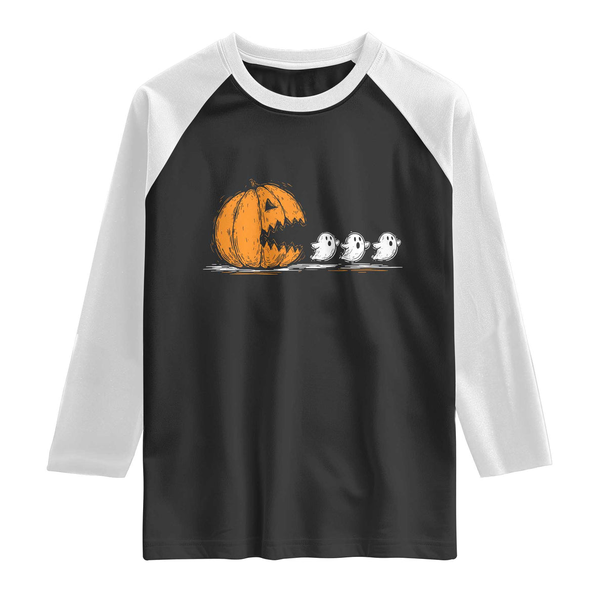 Funny Giant Pumpkin Eating Cute Ghosts Sheets Raglan Shirt Retro Spooky Halloween