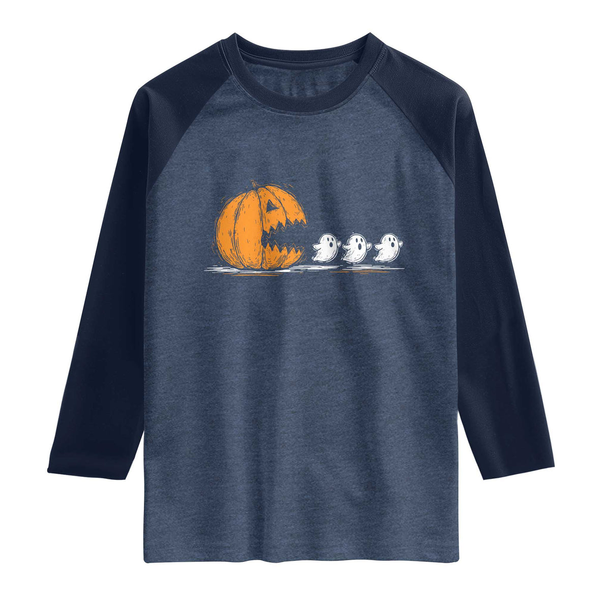 Funny Giant Pumpkin Eating Cute Ghosts Sheets Raglan Shirt Retro Spooky Halloween
