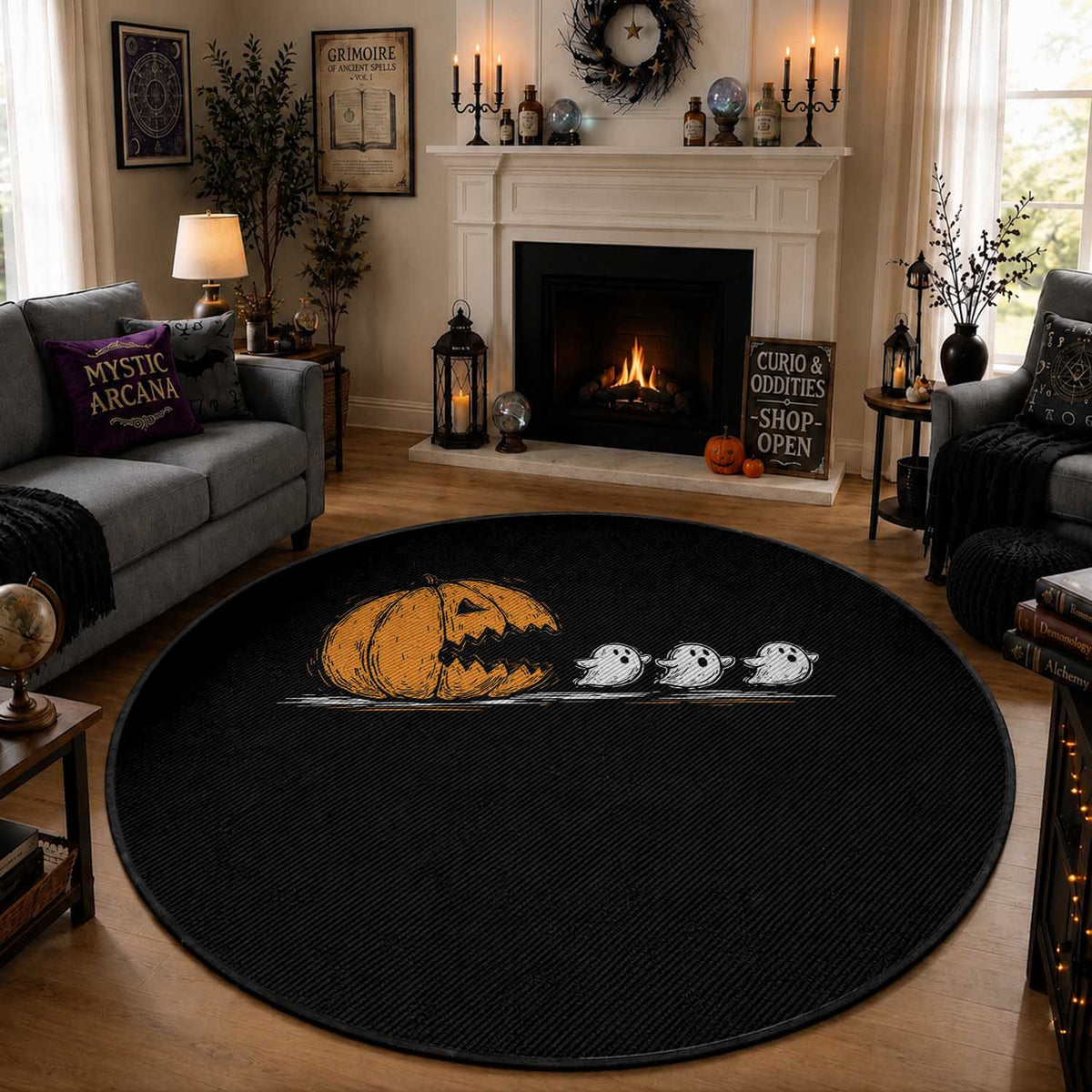 Funny Giant Pumpkin Eating Cute Ghosts Sheets Round Rug Retro Spooky Halloween