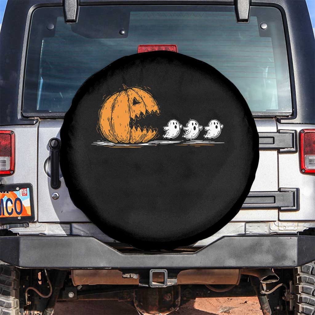 Funny Giant Pumpkin Eating Cute Ghosts Sheets Spare Tire Cover Retro Spooky Halloween