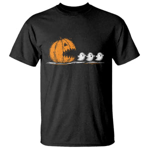 Funny Giant Pumpkin Eating Cute Ghosts Sheets T Shirt Retro Spooky Halloween