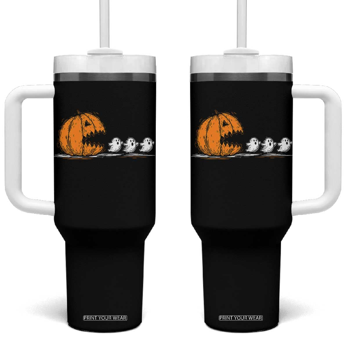 Funny Giant Pumpkin Eating Cute Ghosts Sheets Tumbler With Handle Retro Spooky Halloween