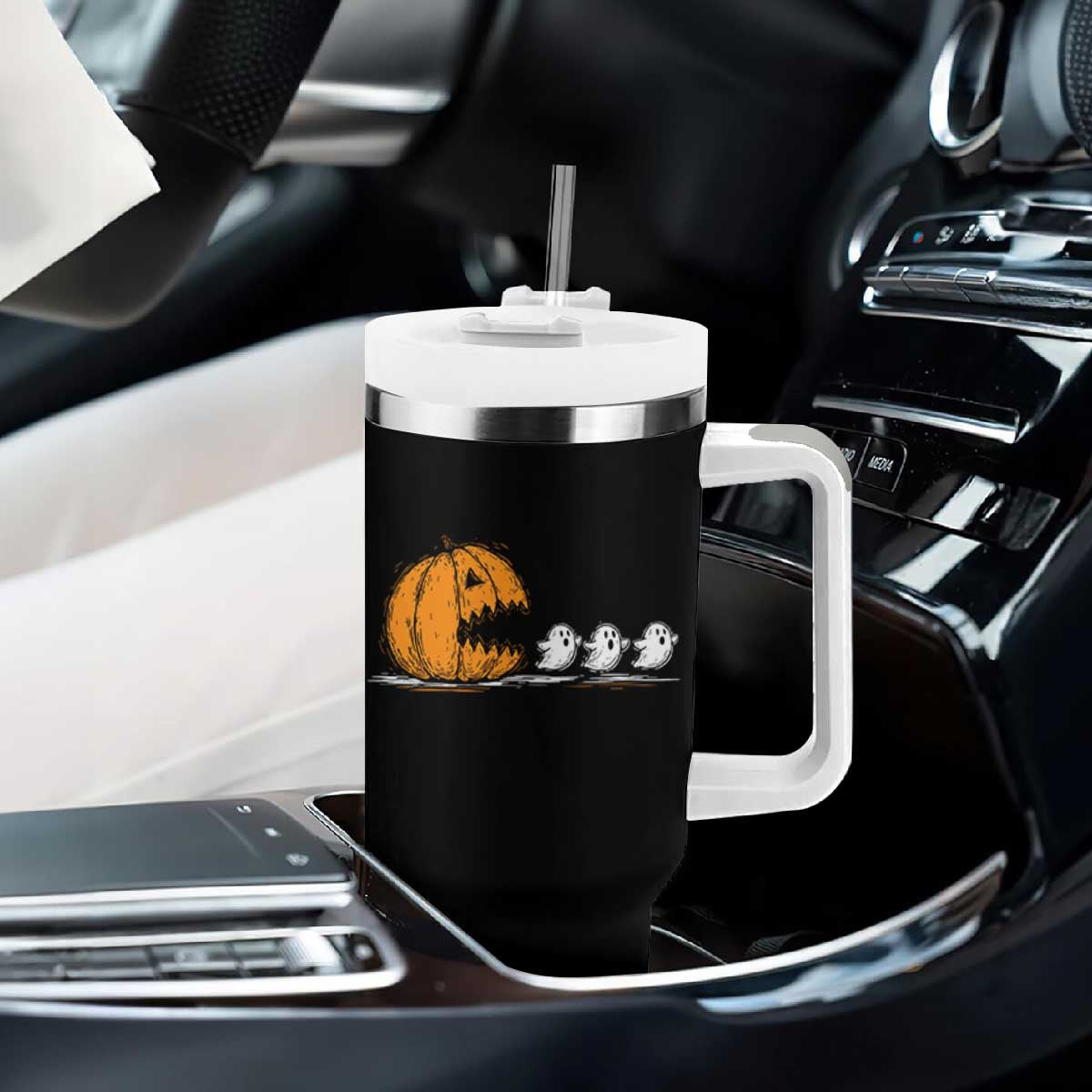 Funny Giant Pumpkin Eating Cute Ghosts Sheets Tumbler With Handle Retro Spooky Halloween