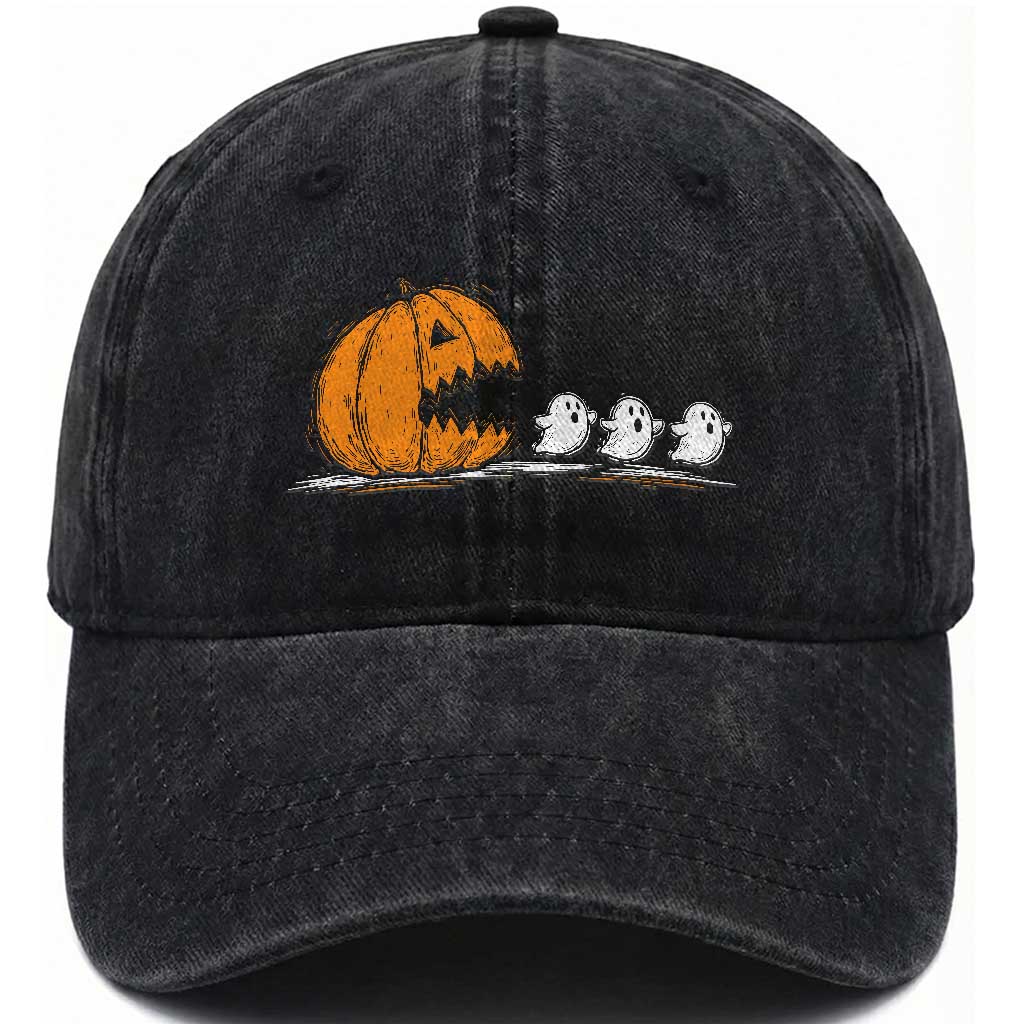 Funny Giant Pumpkin Eating Cute Ghosts Sheets Washed Cotton Baseball Cap Retro Spooky Halloween