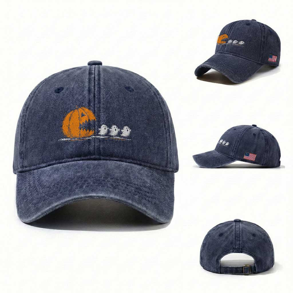 Funny Giant Pumpkin Eating Cute Ghosts Sheets Washed Cotton Baseball Cap Retro Spooky Halloween