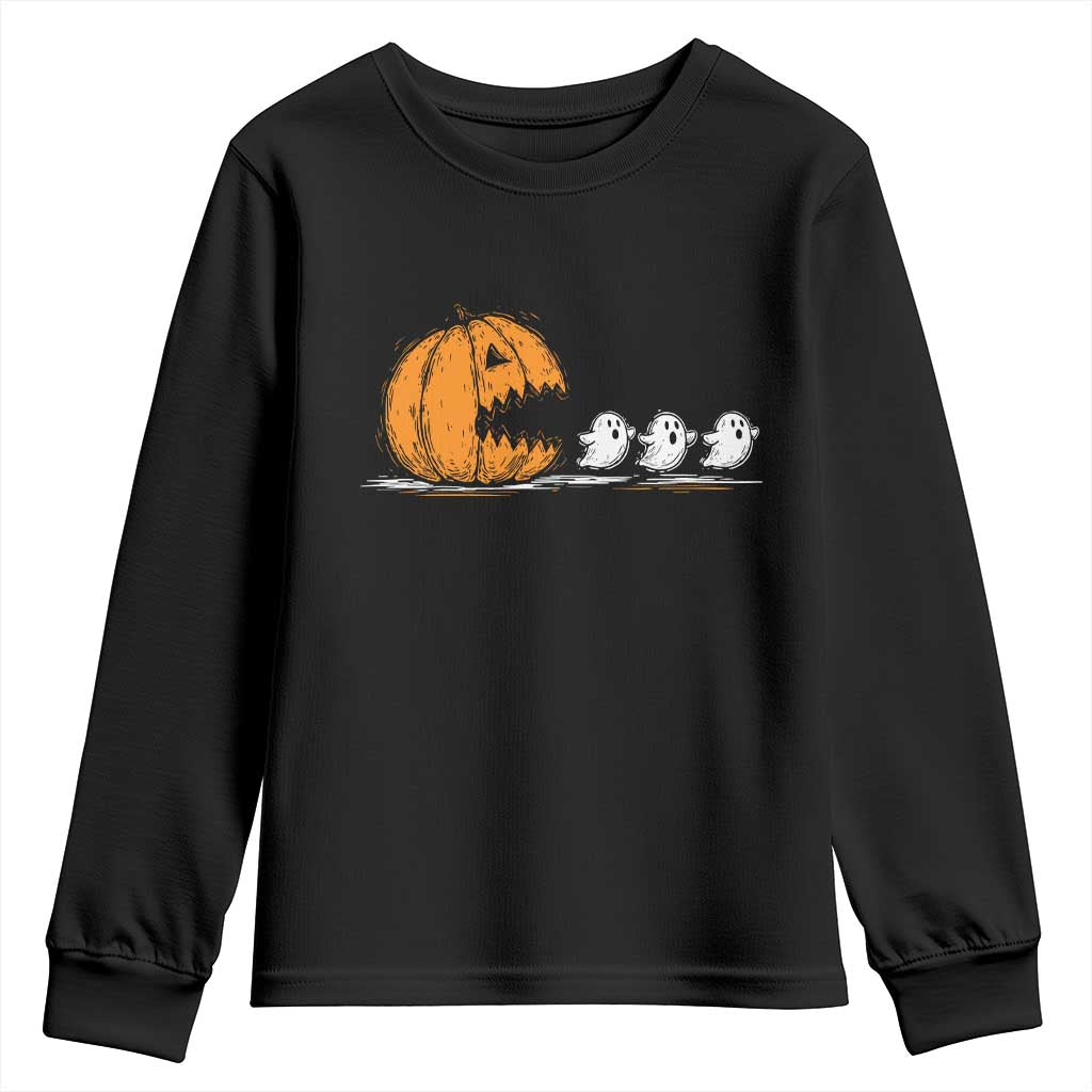Funny Giant Pumpkin Eating Cute Ghosts Sheets Youth Sweatshirt Retro Spooky Halloween