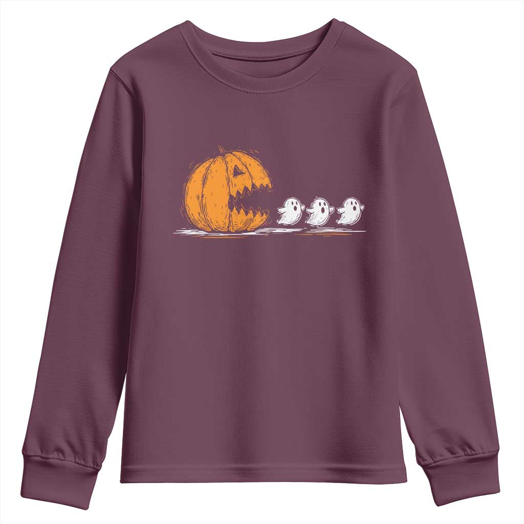 Funny Giant Pumpkin Eating Cute Ghosts Sheets Youth Sweatshirt Retro Spooky Halloween