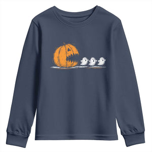Funny Giant Pumpkin Eating Cute Ghosts Sheets Youth Sweatshirt Retro Spooky Halloween