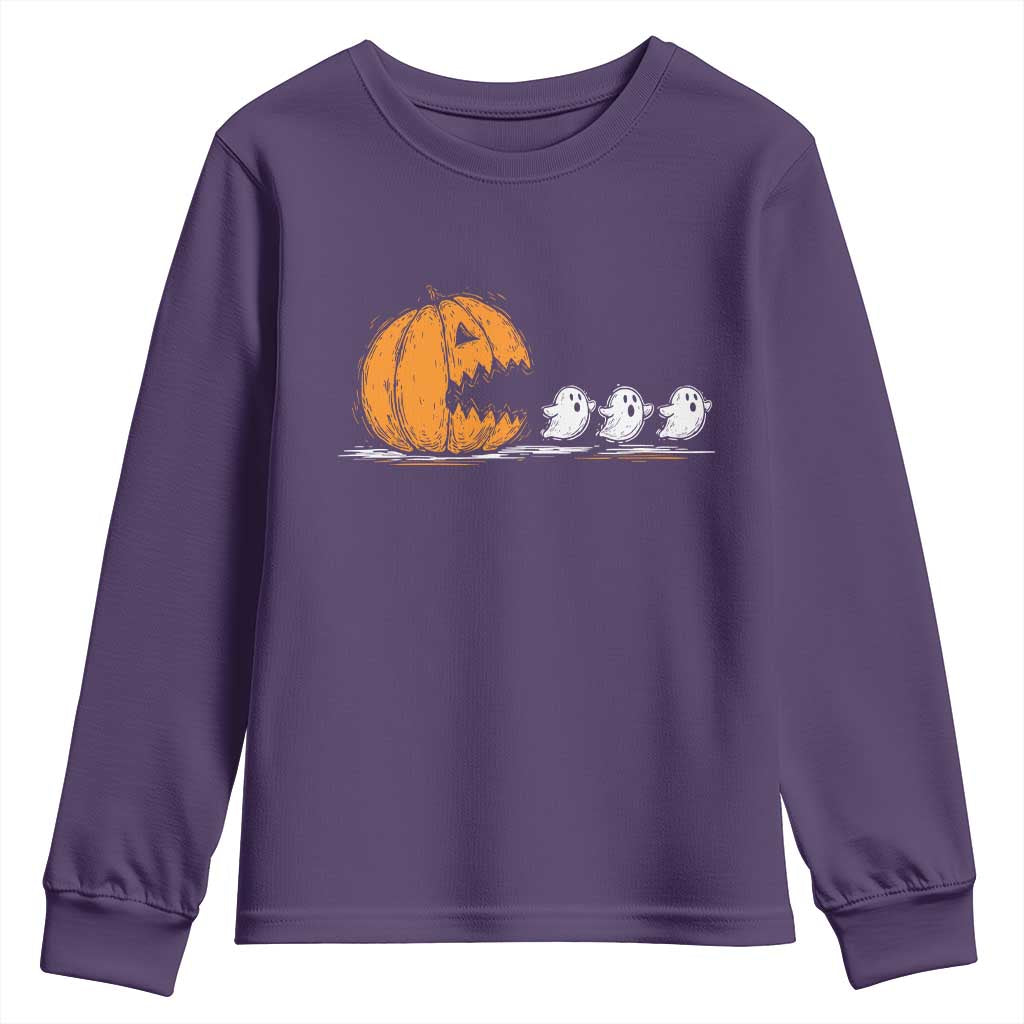 Funny Giant Pumpkin Eating Cute Ghosts Sheets Youth Sweatshirt Retro Spooky Halloween