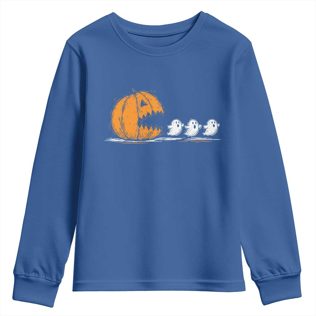 Funny Giant Pumpkin Eating Cute Ghosts Sheets Youth Sweatshirt Retro Spooky Halloween