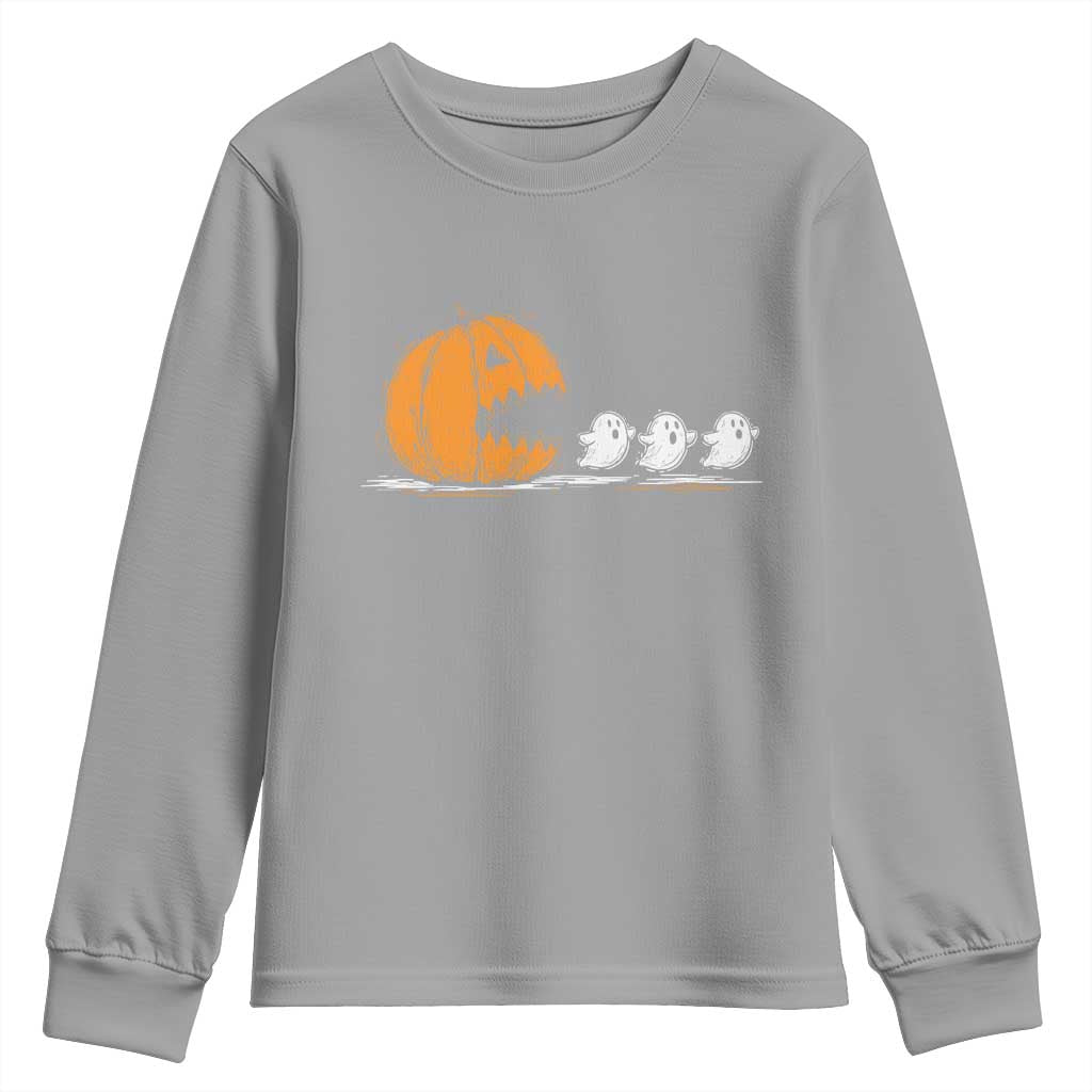 Funny Giant Pumpkin Eating Cute Ghosts Sheets Youth Sweatshirt Retro Spooky Halloween