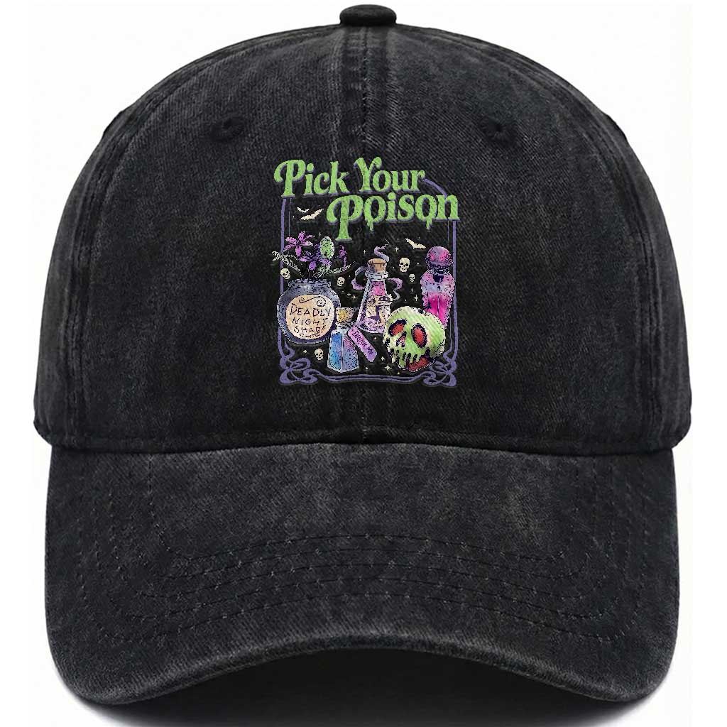 Pick Your Poison Spooky Potion Bottles Graphic Washed Cotton Baseball Cap Vintage Halloween Gift for Witchy Women