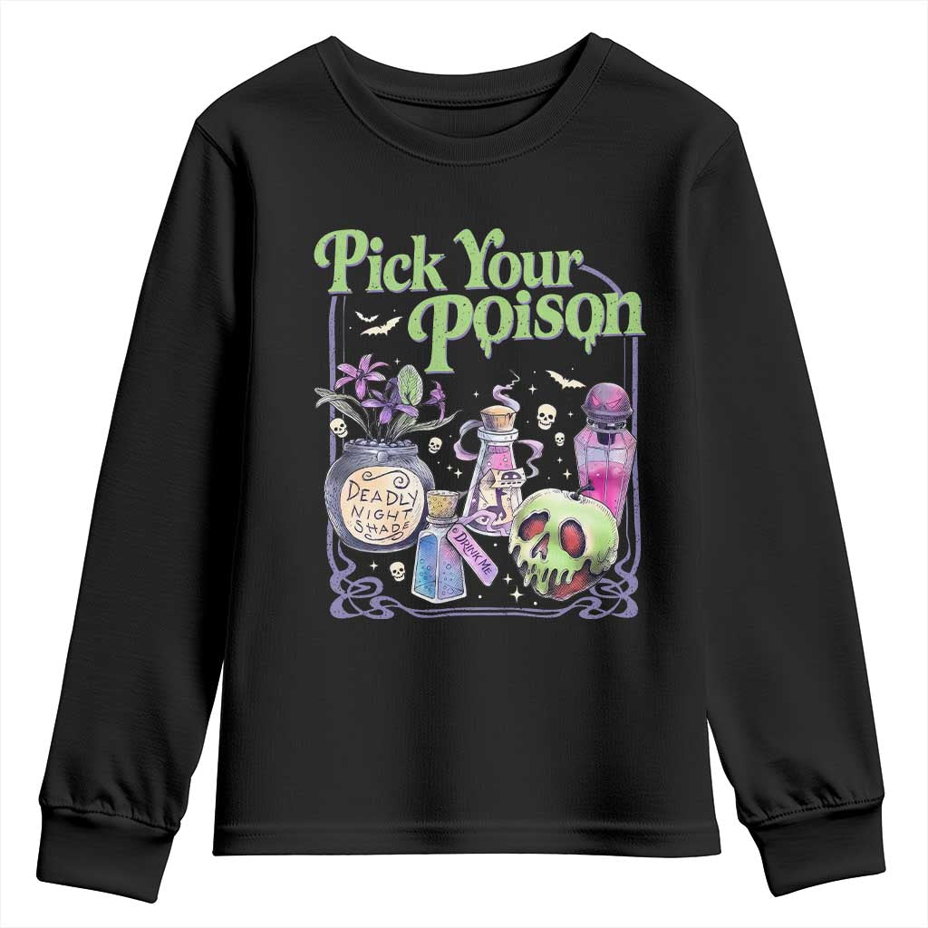 Pick Your Poison Spooky Potion Bottles Graphic Youth Sweatshirt Vintage Halloween Gift for Witchy Women