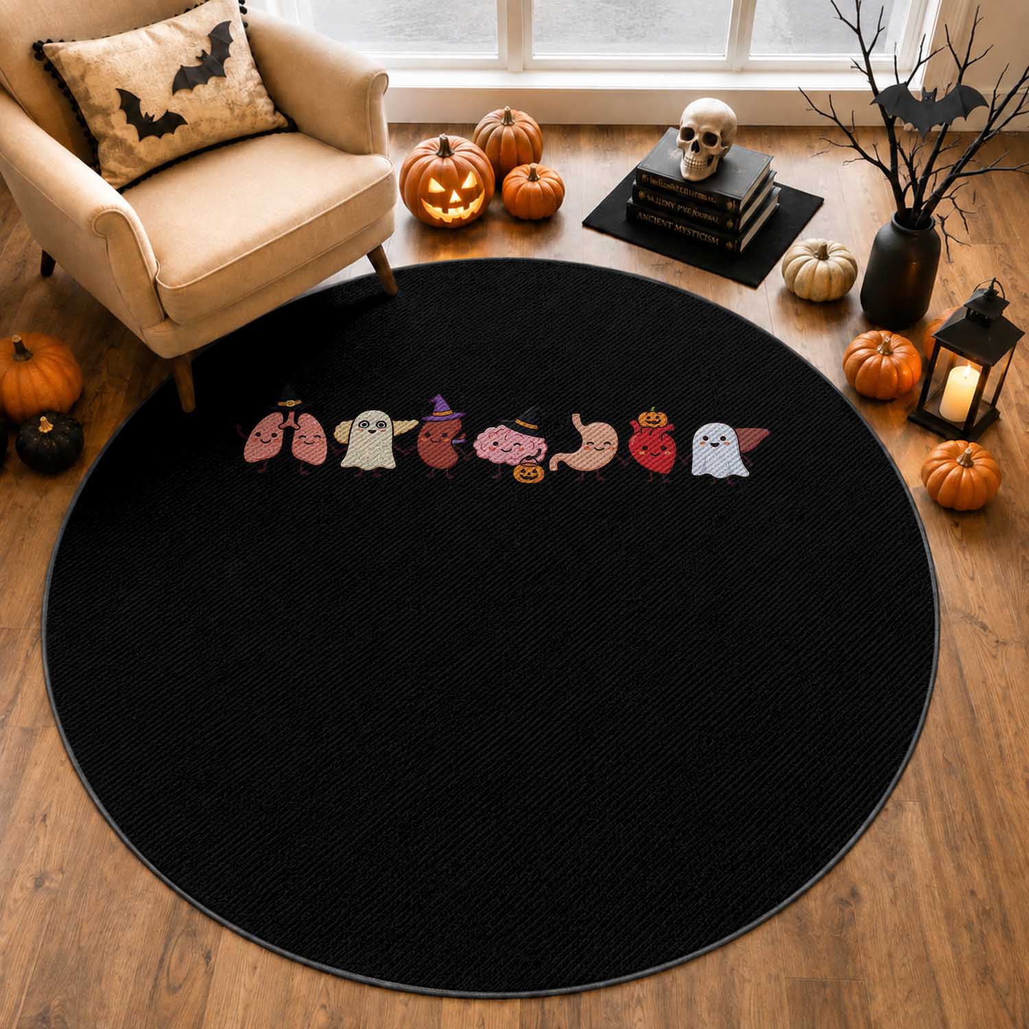 Cute Anatomical Organs in Halloween Costumes Graphic Round Rug Lung Kidney Brain Stomach Heart Liver Spooky Medical Nurse Gift