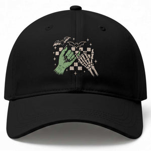 Witch Hand and Skeleton Pinky Promise Graphic Baseball Cap Retro Spooky Halloween Gift