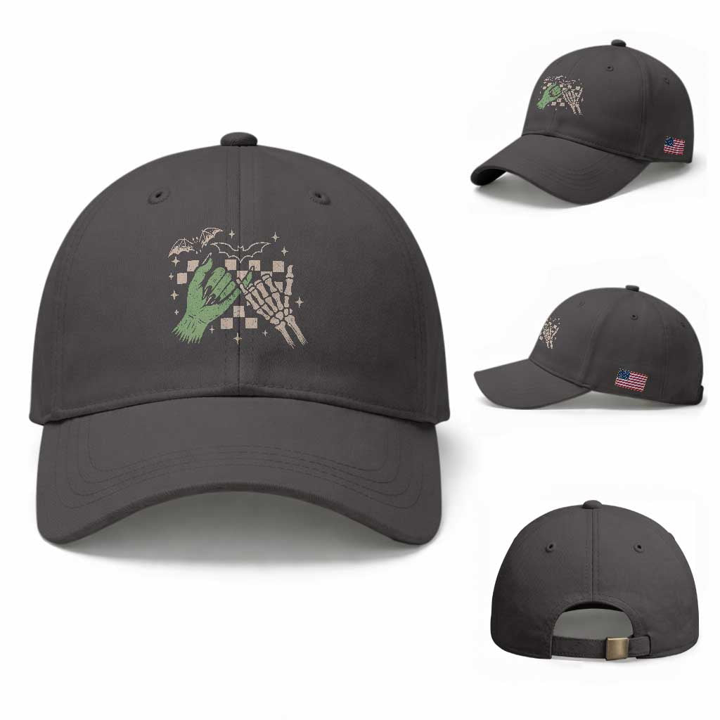 Witch Hand and Skeleton Pinky Promise Graphic Baseball Cap Retro Spooky Halloween Gift