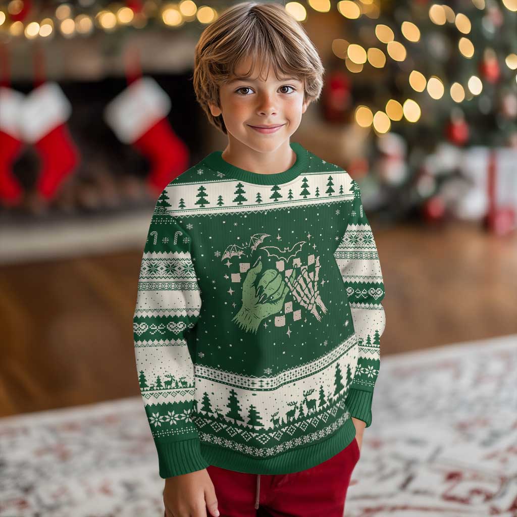 Witch Hand and Skeleton Pinky Promise Graphic Ugly Christmas Sweater Retro Spooky Halloween Gift