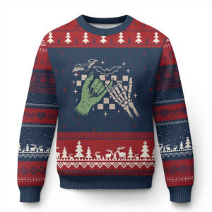 Witch Hand and Skeleton Pinky Promise Graphic Ugly Christmas Sweater Retro Spooky Halloween Gift