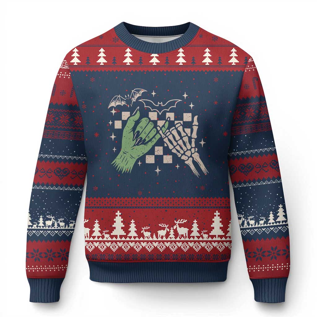 Witch Hand and Skeleton Pinky Promise Graphic Ugly Christmas Sweater Retro Spooky Halloween Gift