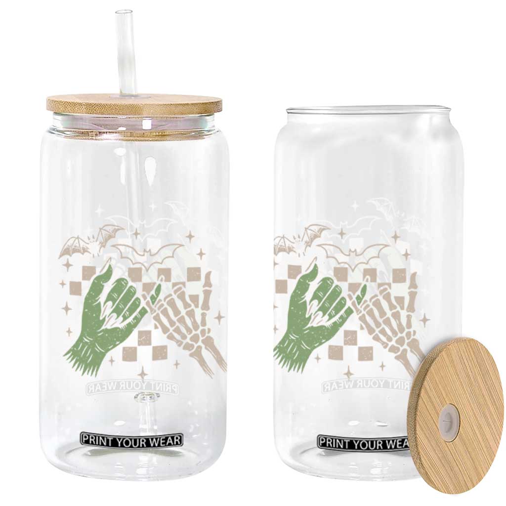 Witch Hand and Skeleton Pinky Promise Graphic Glass Can Retro Spooky Halloween Gift