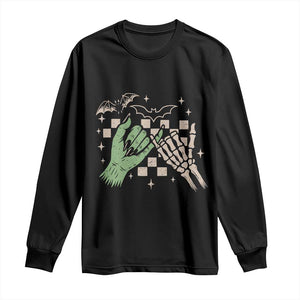 Witch Hand and Skeleton Pinky Promise Graphic Long Sleeve Shirt Retro Spooky Halloween Gift