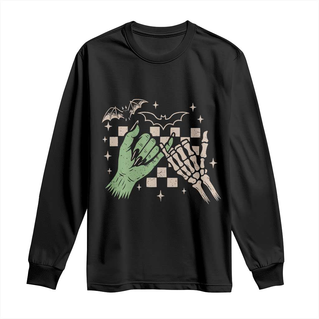 Witch Hand and Skeleton Pinky Promise Graphic Long Sleeve Shirt Retro Spooky Halloween Gift