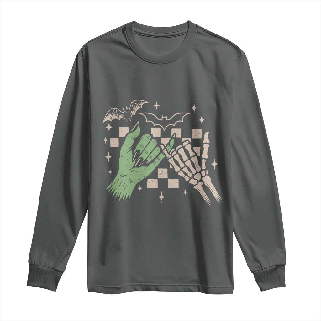 Witch Hand and Skeleton Pinky Promise Graphic Long Sleeve Shirt Retro Spooky Halloween Gift