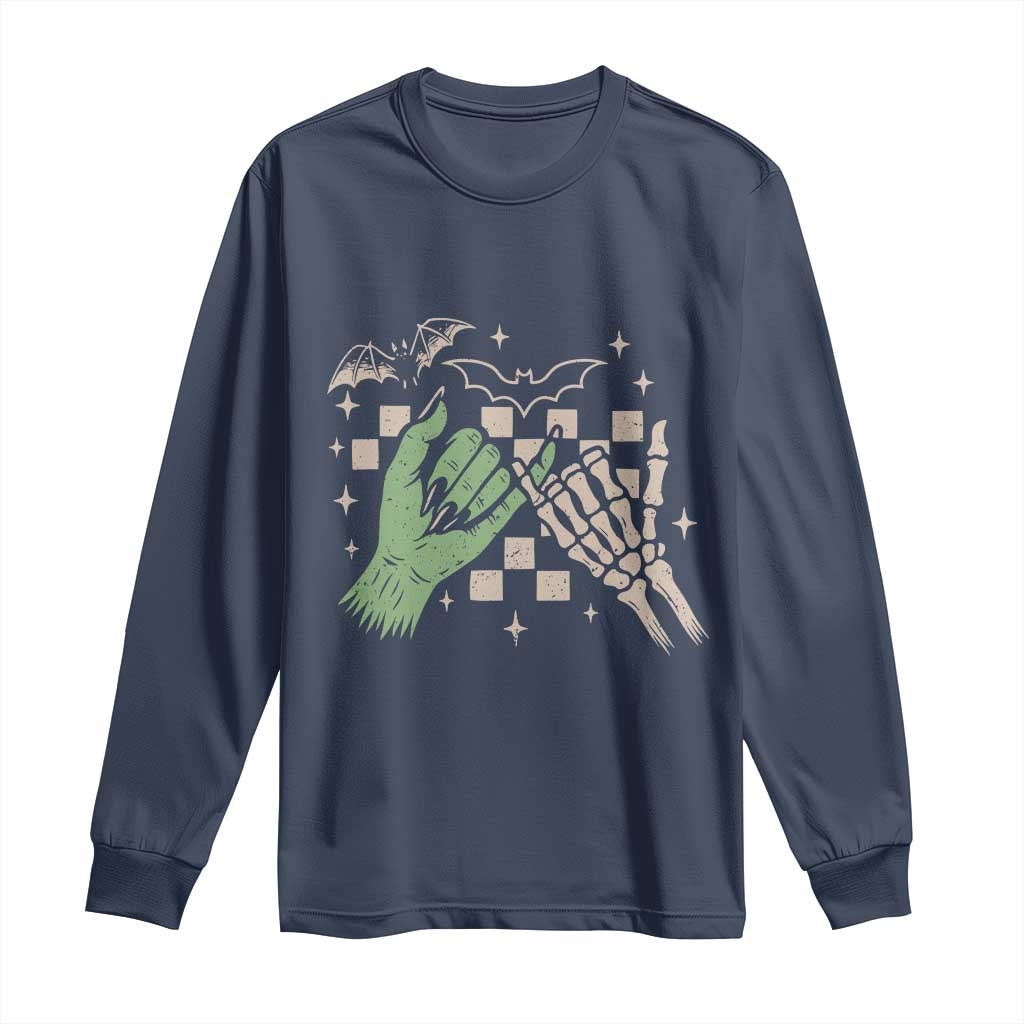 Witch Hand and Skeleton Pinky Promise Graphic Long Sleeve Shirt Retro Spooky Halloween Gift
