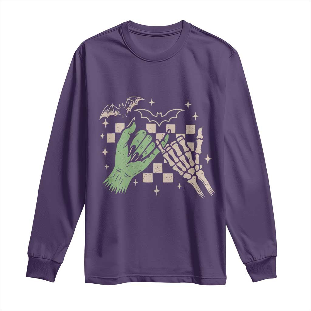 Witch Hand and Skeleton Pinky Promise Graphic Long Sleeve Shirt Retro Spooky Halloween Gift