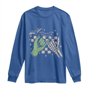 Witch Hand and Skeleton Pinky Promise Graphic Long Sleeve Shirt Retro Spooky Halloween Gift