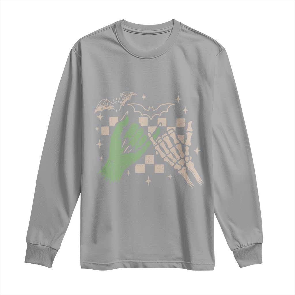 Witch Hand and Skeleton Pinky Promise Graphic Long Sleeve Shirt Retro Spooky Halloween Gift