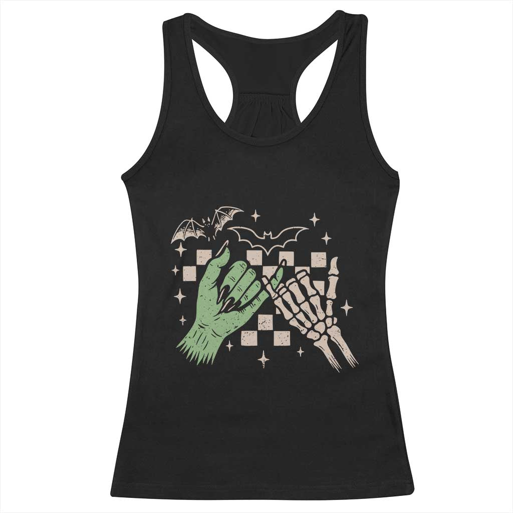 Witch Hand and Skeleton Pinky Promise Graphic Racerback Tank Top Retro Spooky Halloween Gift