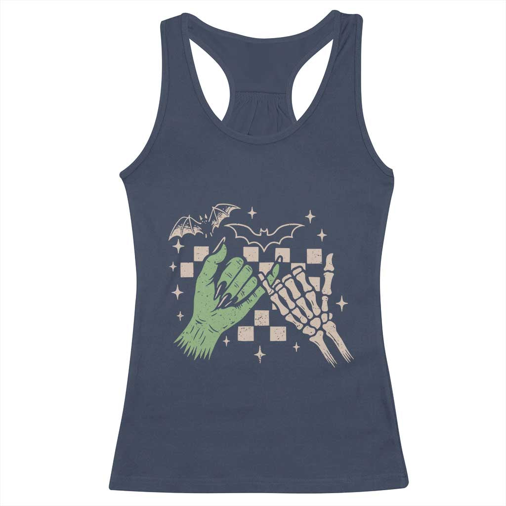 Witch Hand and Skeleton Pinky Promise Graphic Racerback Tank Top Retro Spooky Halloween Gift